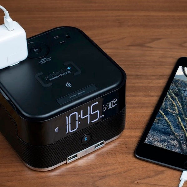 Bluetooth Speakers, Wireless Qi Charging Power Cube alarm clock for vacation rentals | GuestOutfitters.com