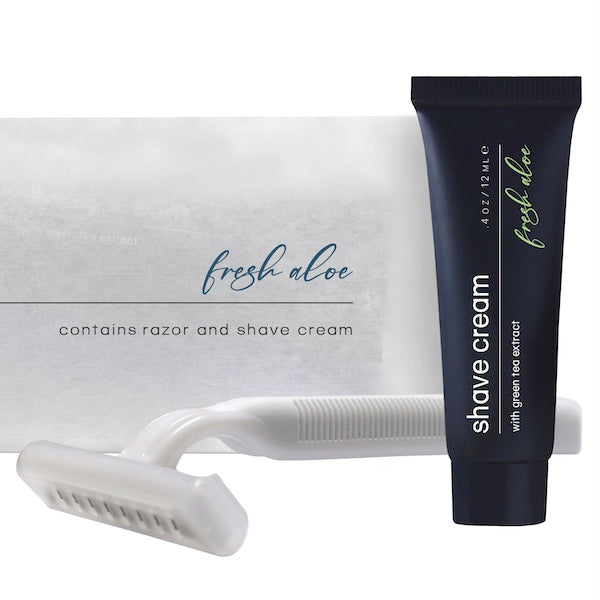 Individually wrapped fresh aloe shave cream tube and razor | GuestOutfitters.com