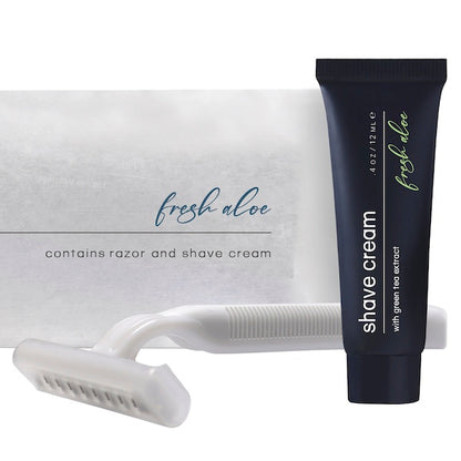 Individually wrapped fresh aloe shave cream tube and razor | GuestOutfitters.com